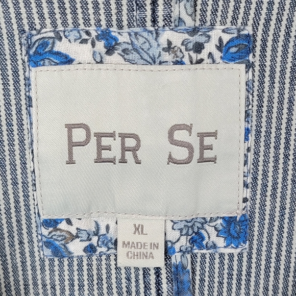 Per Se Pinstripe Distressed Cotton Blazer With Contrasting Cuff Print, EUC, szXL - Picture 8 of 10